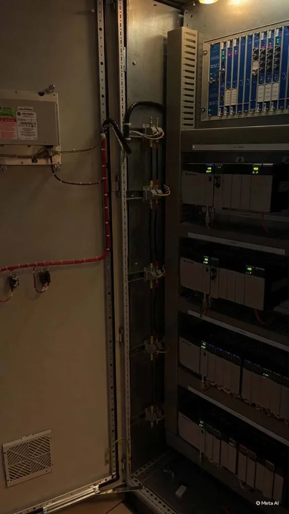 Industrial control cabinet with PLC racks and automation modules