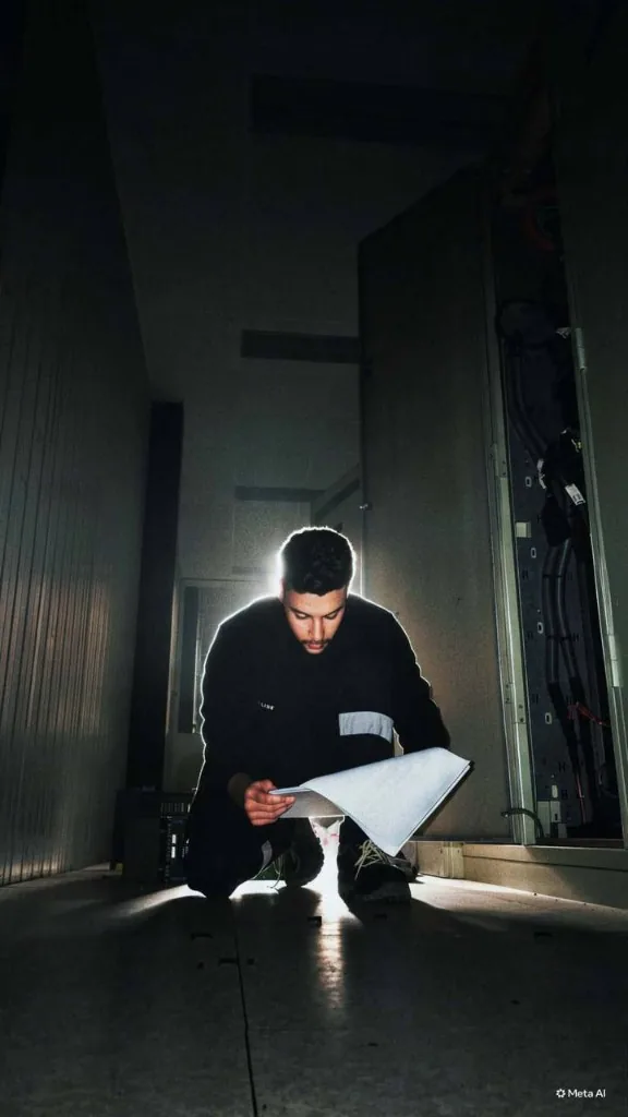 Field specialist reviewing technical drawings beside industrial control equipment
